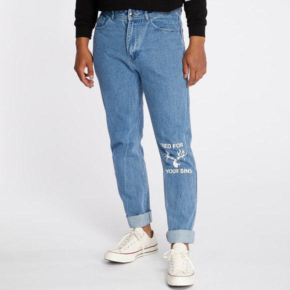 PLEASURES Other - PLEASURES RELIEF DENIM PANTS "I DIED FOR YOUR SINS PAINTED"